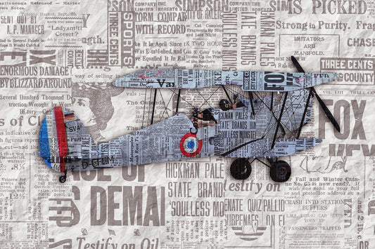 Blue Vintage Airplane on Newspaper Background Themed Birthday Edible Icing Image Cake topper, by Tnct.