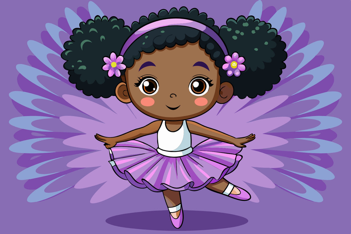 6" Round Pre-Cut Cartoon African American Girl Ballerina With Purple Tutu & Purple Background Photo Edible Image Cake Topper