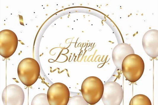 6" Round Pre-Cut Gold & White Happy Birthday Design With Balloons & Confetti Photo Edible Image Cake Topper
