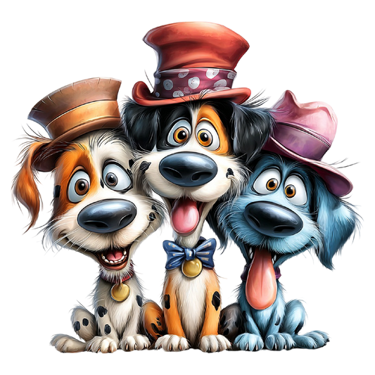 6" Round Pre-Cut Happy Birthday Dogs 3 Cartoon Dogs Wearing Colored Magician Hats Themed Birthday Photo Edible Image Cake Topper