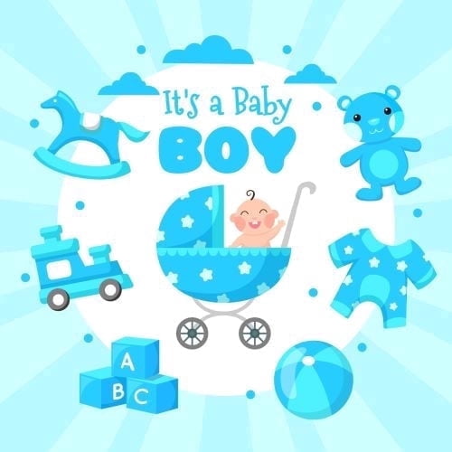 It’s a Baby Boy in A Stroller with toys Blue Baby Shower Theme Edible Icing Image Cake topper, by Tnct.