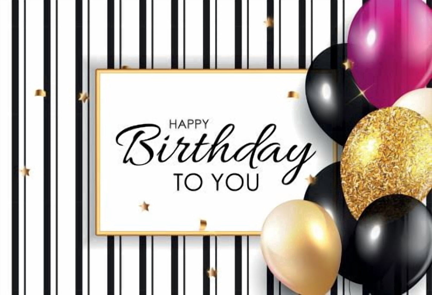 Pink, Black, & Gold Happy Birthday to you Design with Balloons, Stripes & Confetti Edible Icing Image Cake topper, by Tnct.