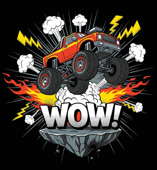 Red Extreme Monster Truck Jumping Wow with Flames Edible Icing Image Cake topper, by Tnct.