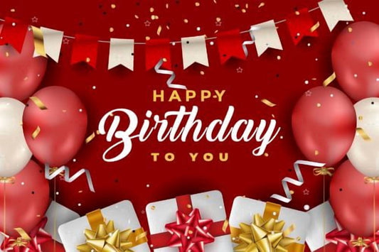 Red Happy Birthday to you with Balloons, Confetti & Gifts Design Edible Icing Image Cake topper, by Tnct.