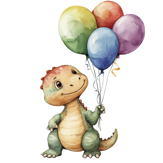 Watercolor Baby Green Dinosaur Looking up at Balloons Edible Icing Image Cake topper, by Tnct.