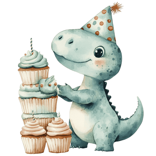 Watercolor Baby Green Dinosaur with Hat Stacking Cupcakes Edible Icing Image Cake topper, by Tnct.