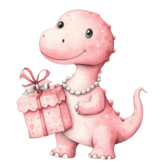 Watercolor Baby Pink Dinosaur with Pearl Necklace Edible Icing Image Cake topper, by Tnct.