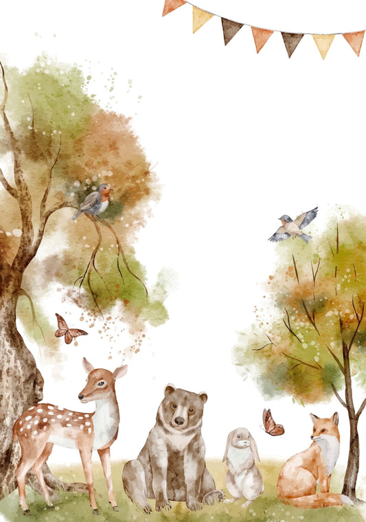 Watercolor forest Animals, Bear, Deer, Hare & Fox Woodland Theme Edible Icing Image Cake topper, by Tnct.
