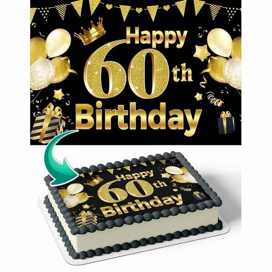 60th Birthday Gold Diamond Black Crown Balloons Edible Icing Image Cake Topper, by Tnct.