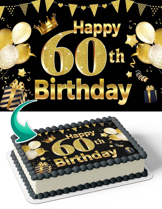 60th Luxury Gold Diamond Black Edible Image Icing Cake Topper for Quarter Sheet Cake, by TNCT