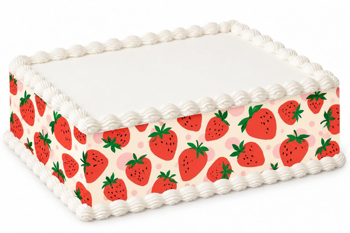 Red Strawberries on Coral Pink Pattern Edible Image Cake Border Strips, by Party Poppin Cake Toppin. (1 Count)