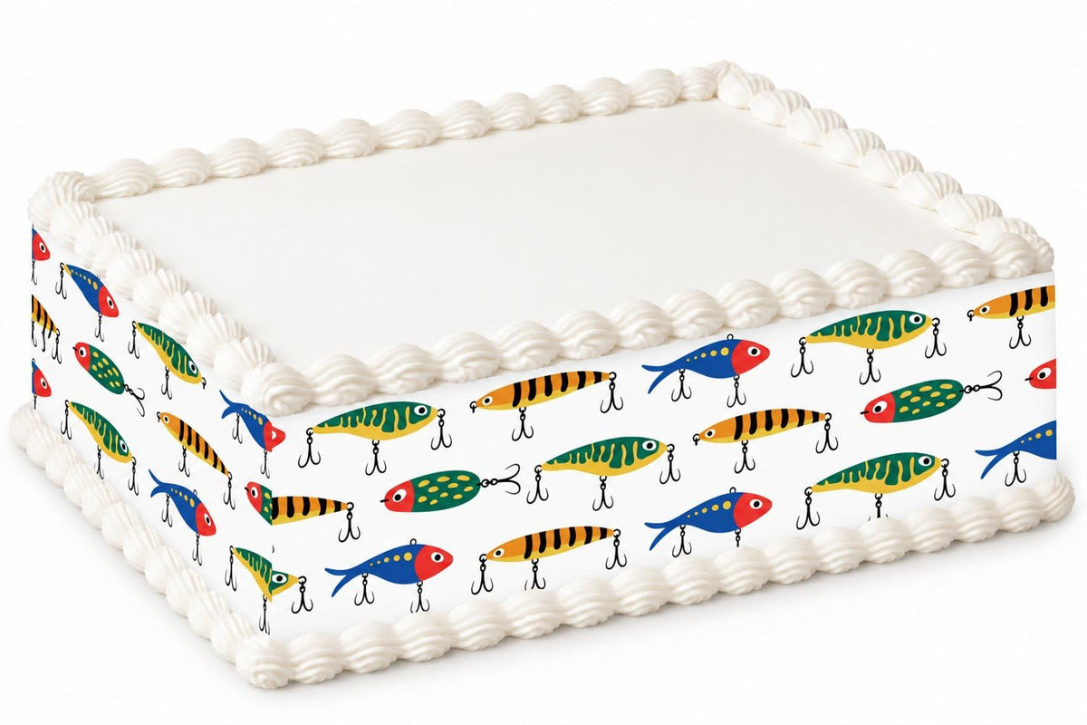 Colorful Fishing Lures on White Pattern Edible Image Cake Border Strips, by Party Poppin Cake Toppin. (1 Count)