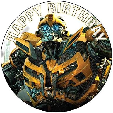 9.5" Pre-Cut Round Transformer Bumblebee Happy Birthday Edible Image Cake Topper By TNCT