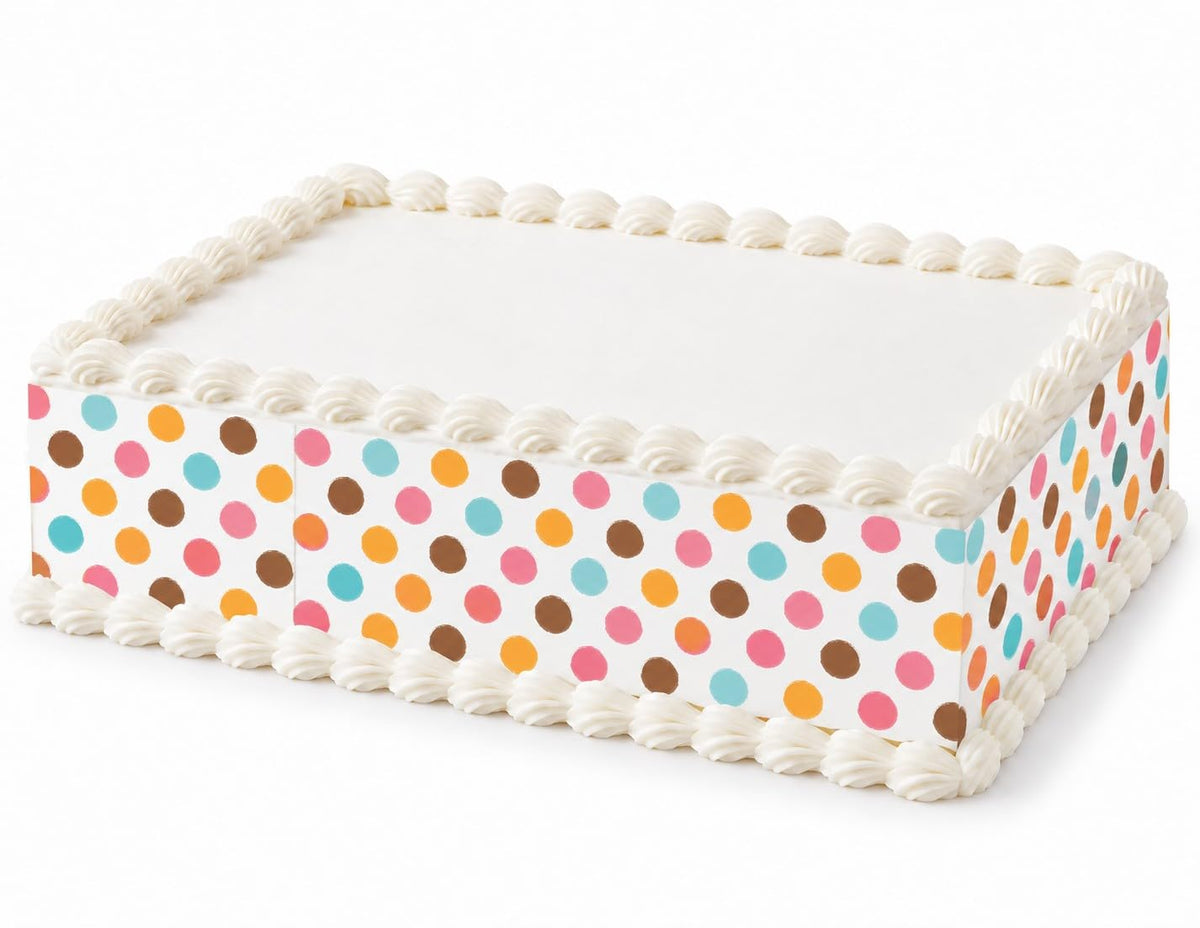 Multicolor Polka Dots on White Edible Image Cake Border Strips, by Party Poppin Cake Toppin. (1 Count)