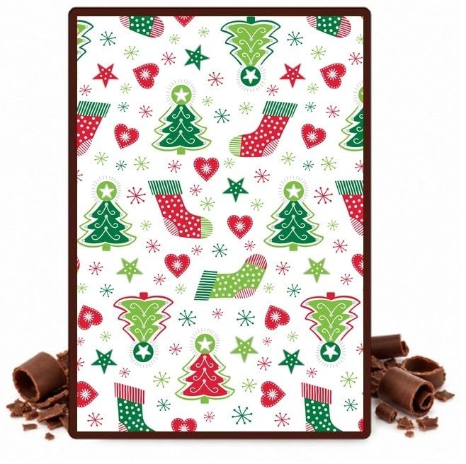 Green Christmas Trees and Red Stars on White Edible Chocolate Transfer Sheet for Chocolate Covered Strawberries and Bark, 1 Count