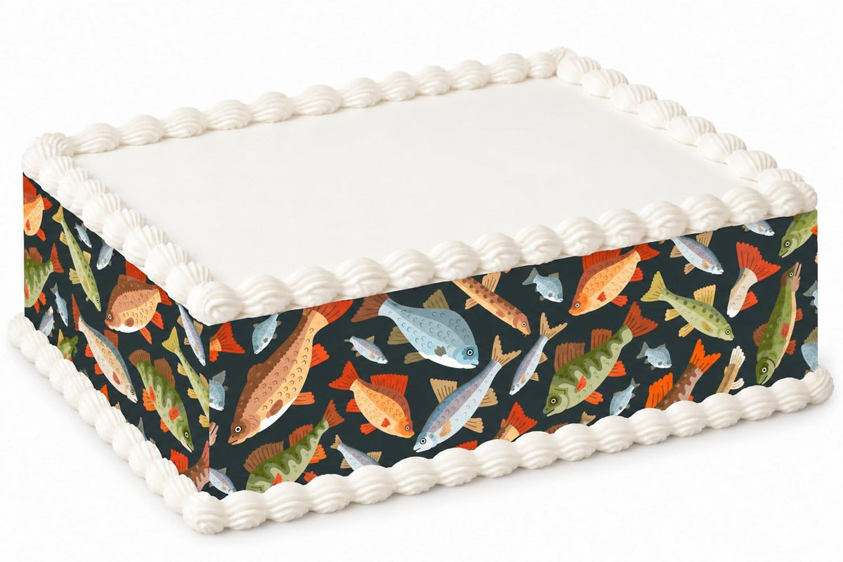 Multicolor Freshwater Fish on Black Pattern Edible Image Cake Border Strips, by Party Poppin Cake Toppin. (1 Count)