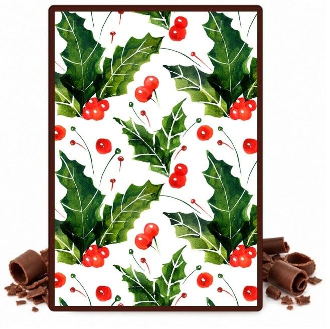 Watercolor Holly Leaves and Red Berries Edible Chocolate Transfer Sheet for Chocolate Covered Strawberries and Bark, 1 Count