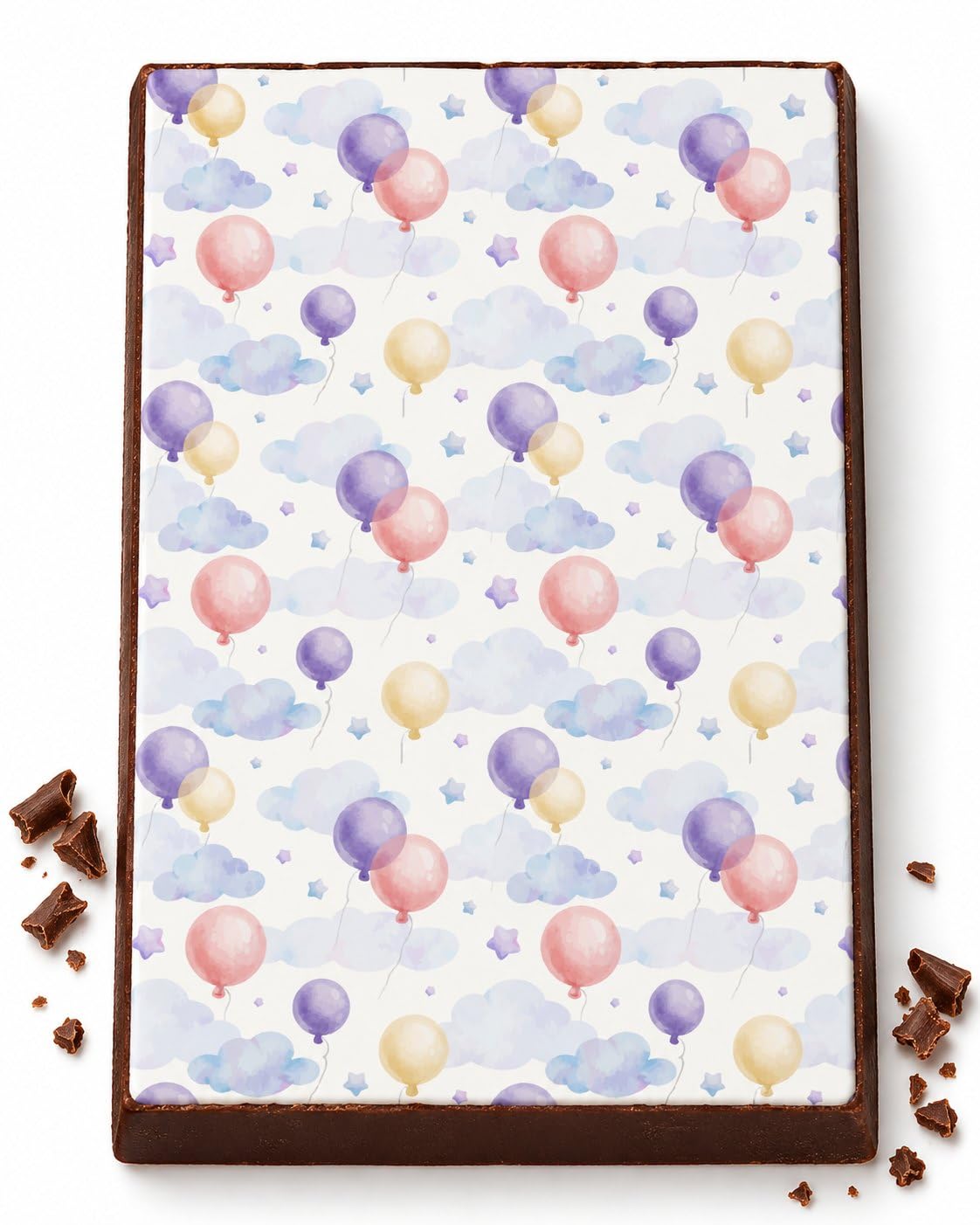 Pastel Watercolor Balloons on White Pattern Edible Chocolate Transfer Sheet, by Party Poppin Cake Toppin. (1 Count)