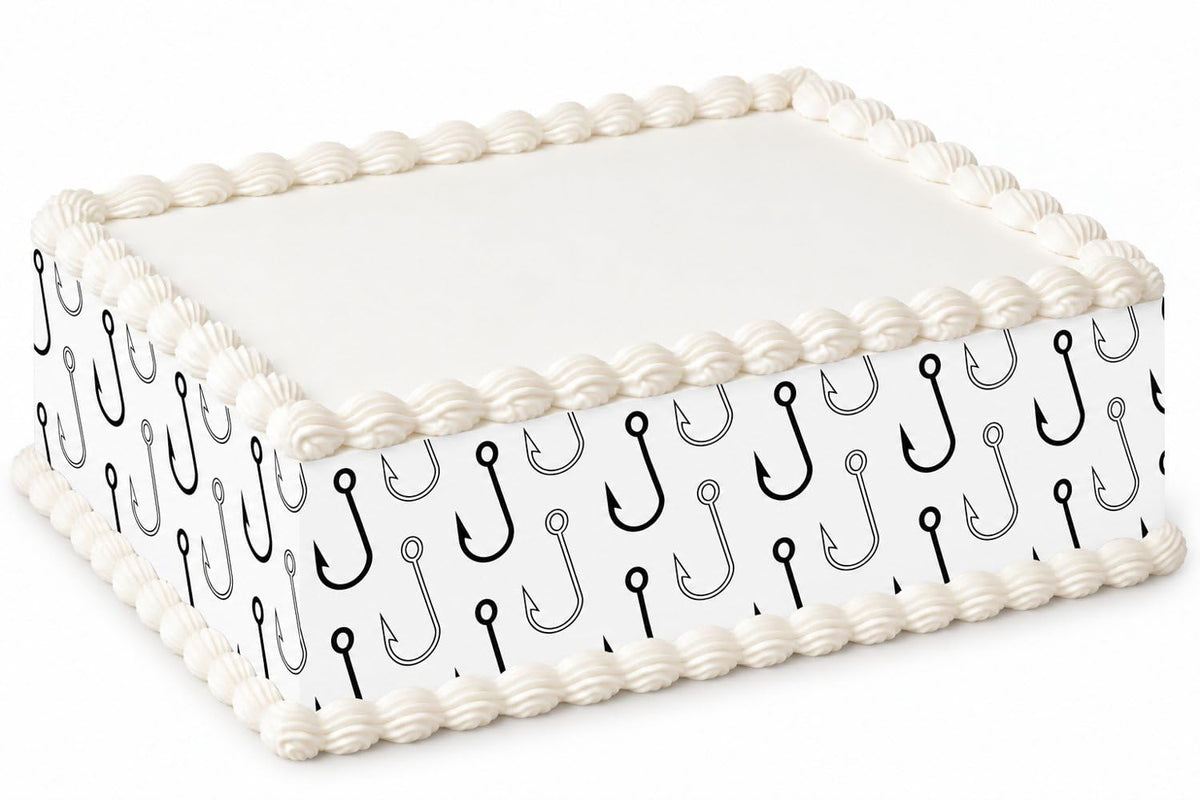 Black Fishing Hooks on White Pattern Edible Image Cake Border Strips, by Party Poppin Cake Toppin. (1 Count)