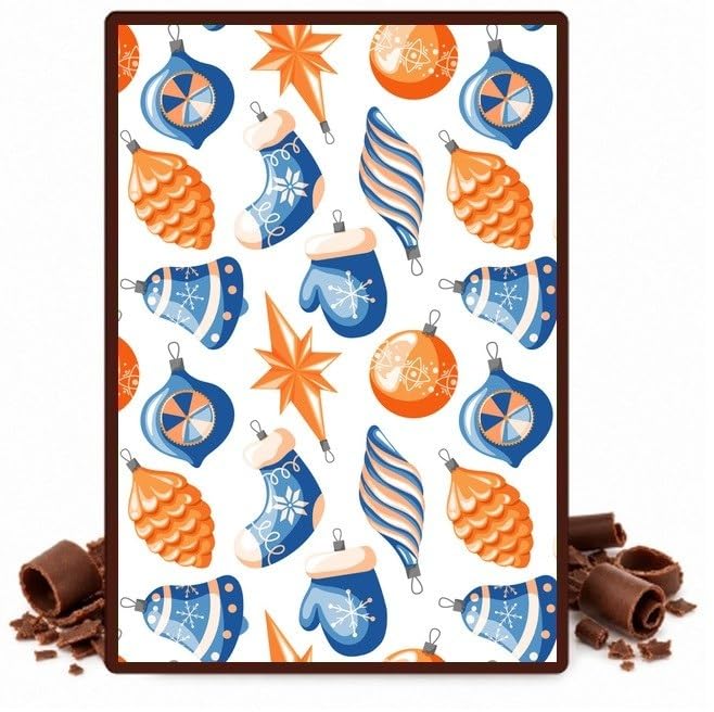 Blue and Orange Christmas Ornaments Edible Cocoa Butter Transfer Sheet for Chocolate Treats, 1 Count