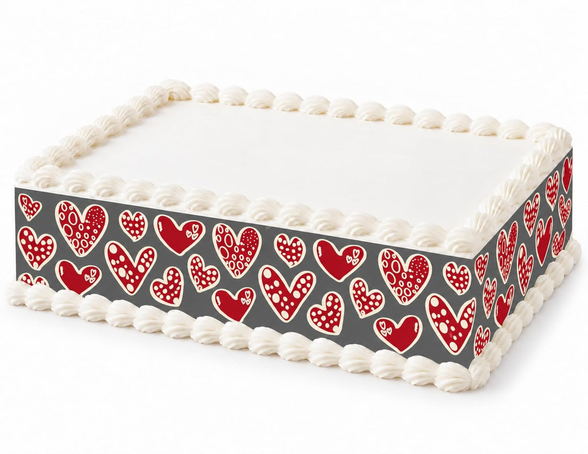 Red and Cream Doodle Hearts on Gray Pattern Edible Image Cake Border Strips, by Party Poppin Cake Toppin. (1 Count)