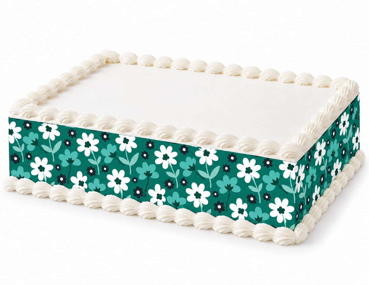 White Daisies and Teal Flowers Edible Image Cake Border Strips, by Party Poppin Cake Toppin. (1 Count)