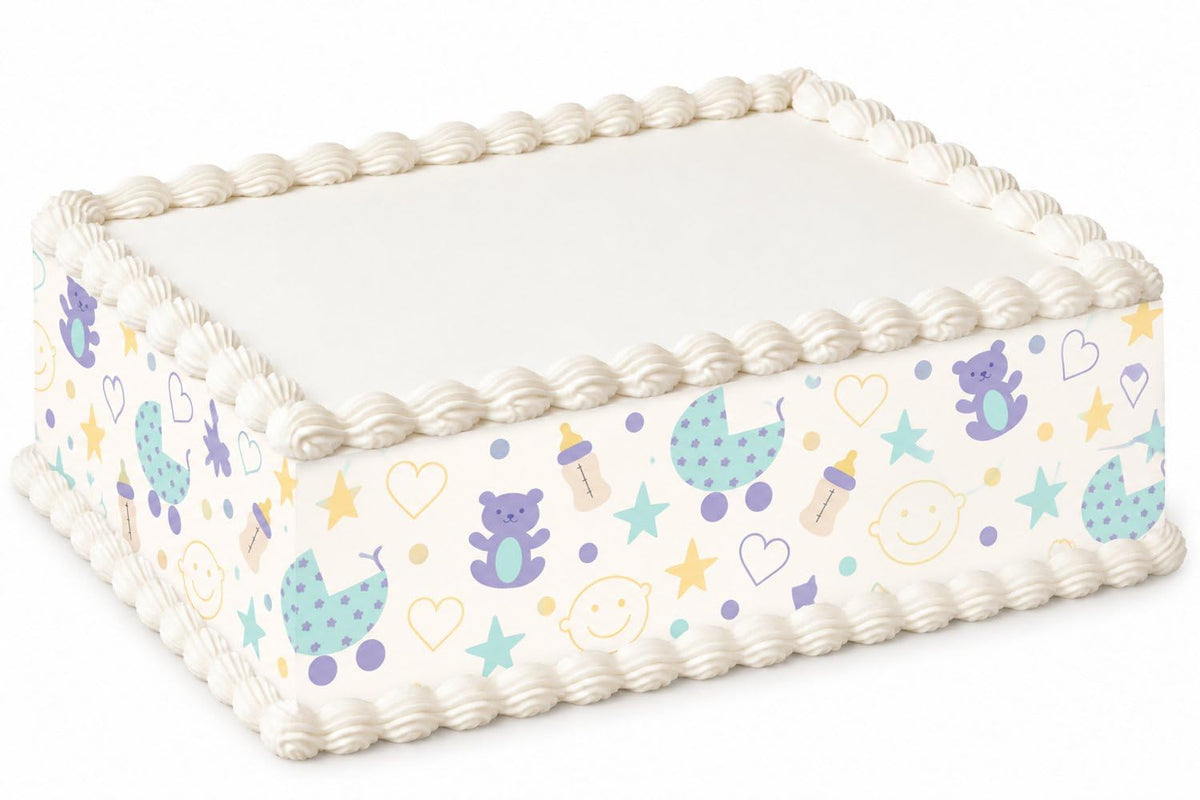 Pastel Baby Prams Teddy Bears and Bottles Pattern Edible Image Cake Border Strips, by Party Poppin Cake Toppin. (1 Count)