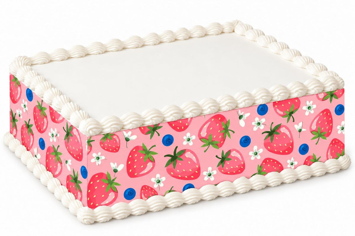 Strawberries Blueberries and Flowers Pattern Edible Image Cake Border Strips, by Party Poppin Cake Toppin. (1 Count)