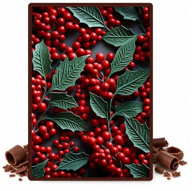 Holly Leaves and Red Berry Clusters Edible Chocolate Transfer Sheet for Chocolate Covered Strawberries and Bark, 1 Count