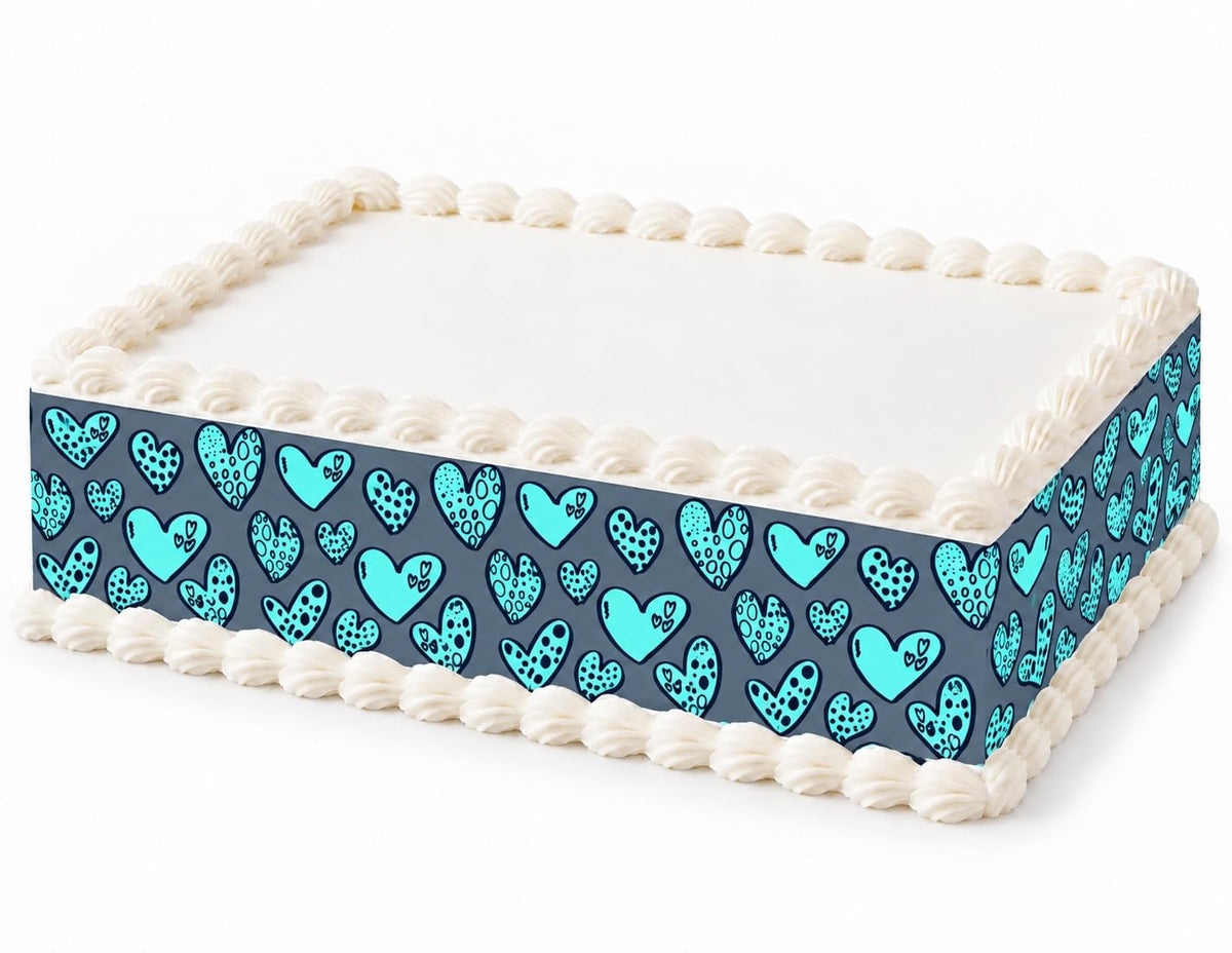 Teal and Navy Doodle Hearts on Slate Gray Pattern Edible Image Cake Border Strips, by Party Poppin Cake Toppin. (1 Count)