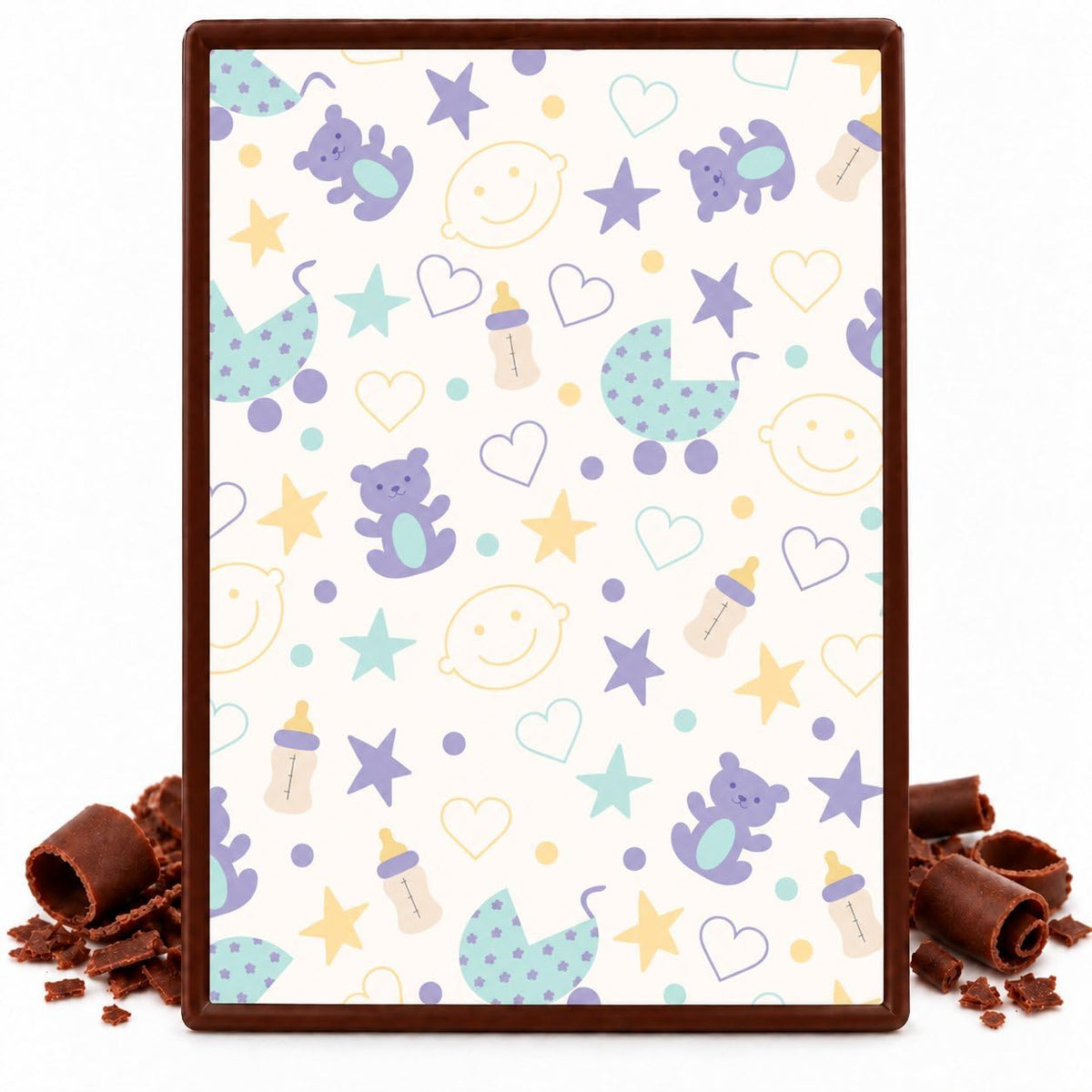 Pastel Baby Prams Teddy Bears and Bottles Pattern Edible Chocolate Transfer Sheet, by Party Poppin Cake Toppin. (1 Count)