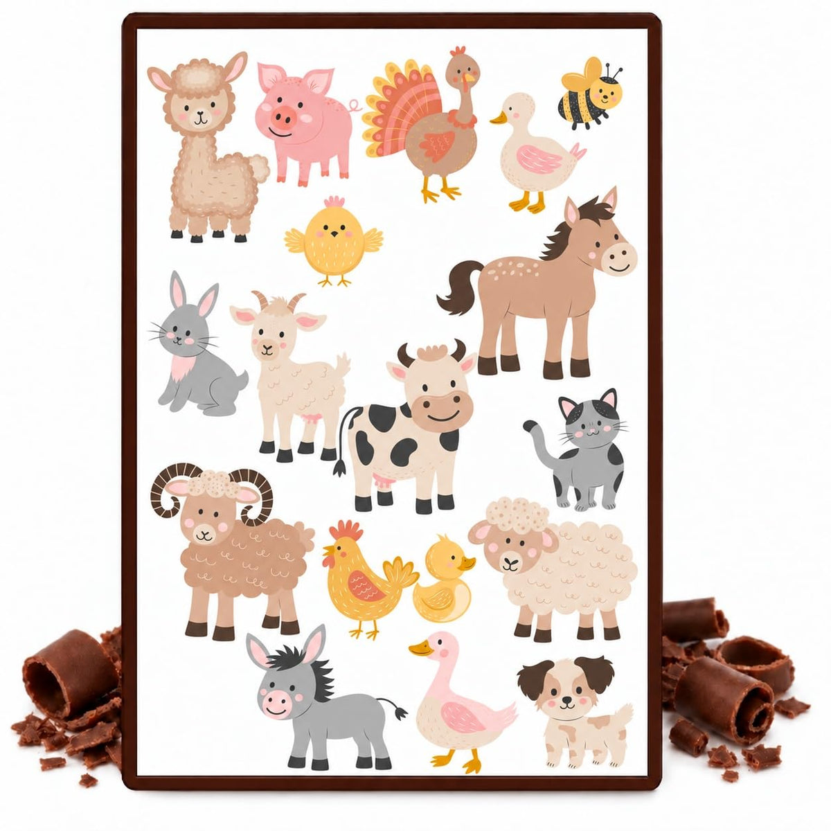 Cute Farm Animals on White Pattern Edible Chocolate Transfer Sheet, by Party Poppin Cake Toppin. (1 Count)