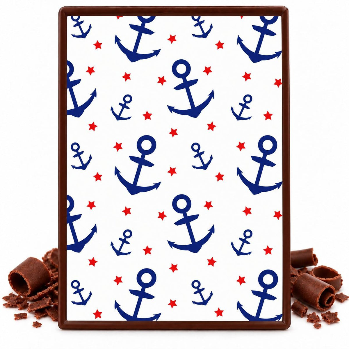 Navy Anchors and Red Stars Pattern Edible Chocolate Transfer Sheet, by Party Poppin Cake Toppin. (1 Count)