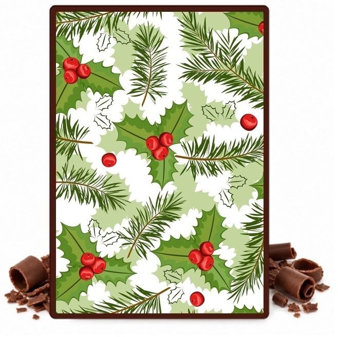 Holly Berries and Pine Branches on White Edible Chocolate Transfer Sheet for Chocolate Covered Strawberries and Bark, 1 Count
