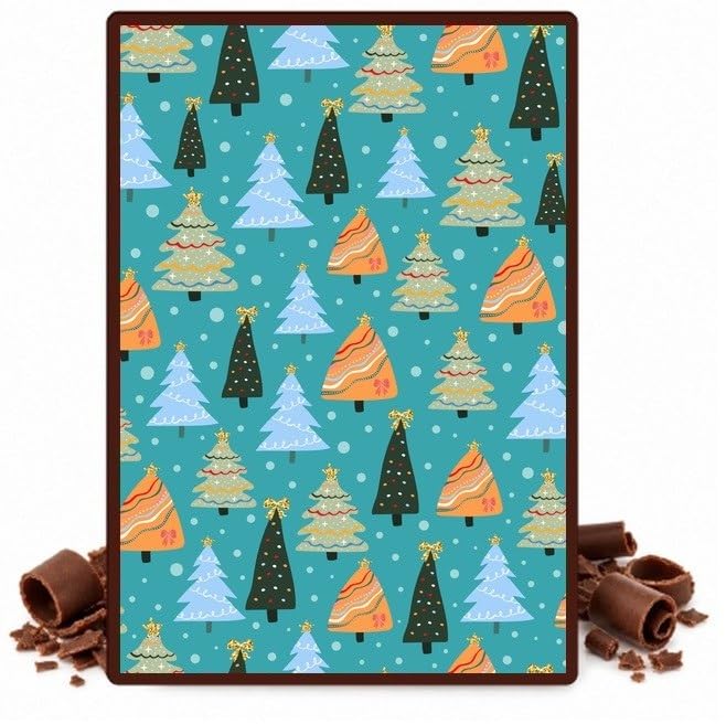 Colorful Christmas Trees on Teal Edible Chocolate Transfer Sheet for Chocolate Covered Strawberries and Bark, 1 Count