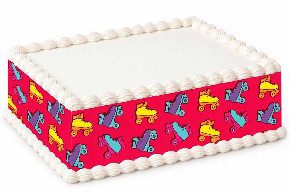 Colorful Roller Skates on Hot Pink Pattern Edible Image Cake Border Strips, by Party Poppin Cake Toppin. (1 Count)