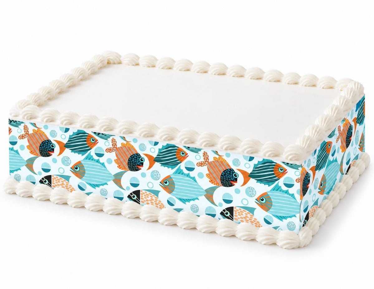 Teal and Orange Fish Pattern Edible Image Cake Border Strips, by Party Poppin Cake Toppin. (1 Count)