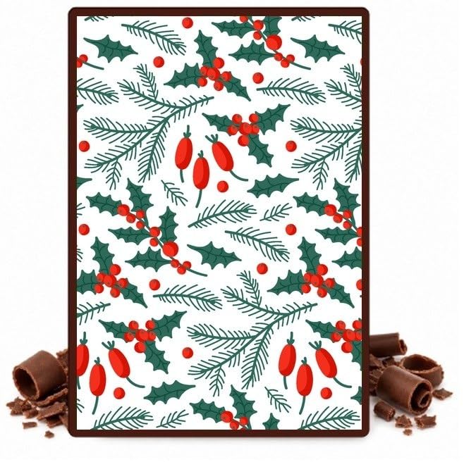 Holly, Pine Sprigs and Red Rose Hips Edible Chocolate Transfer Sheet for Chocolate Covered Strawberries and Bark, 1 Count