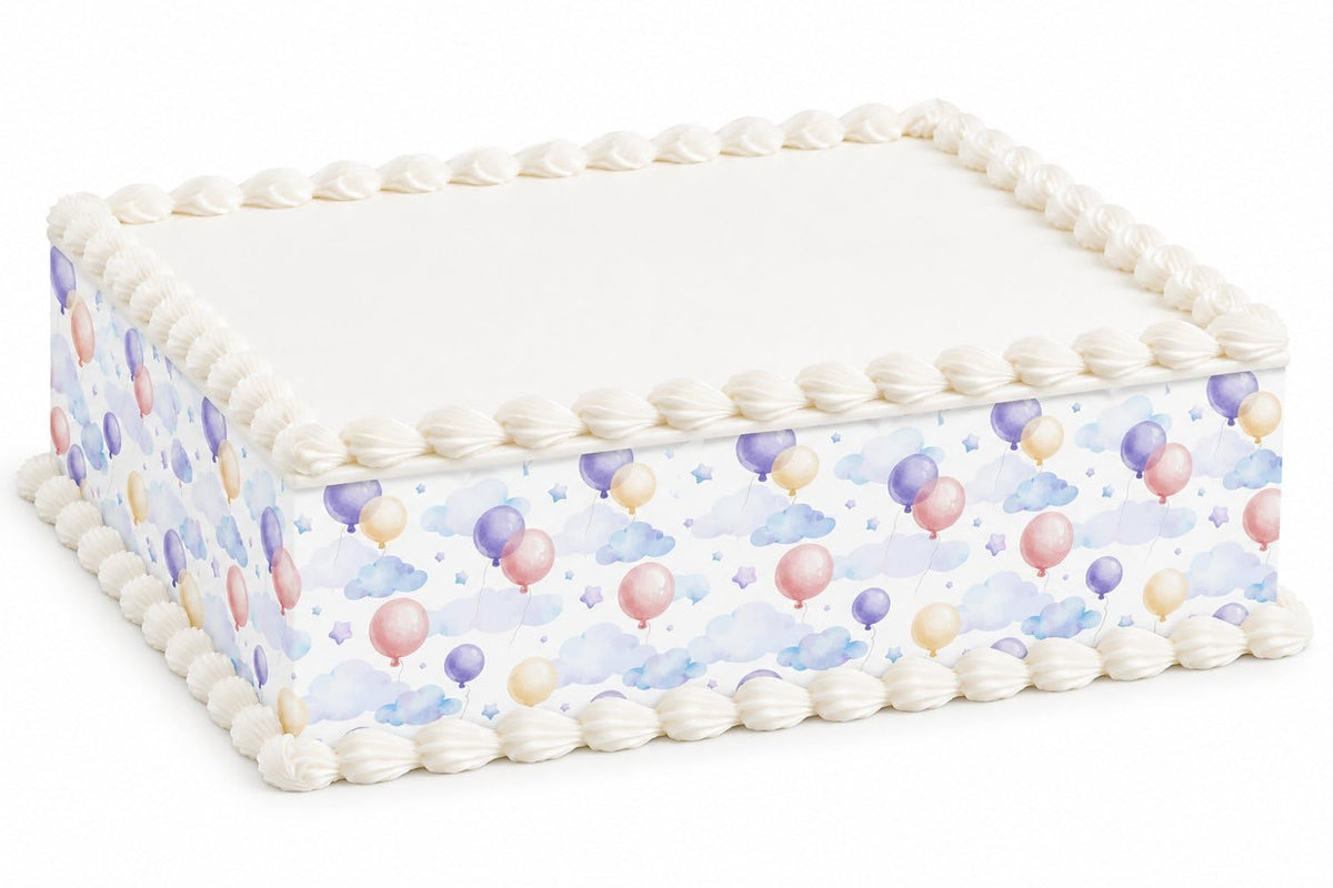 Pastel Watercolor Balloons on White Pattern Edible Image Cake Border Strips, by Party Poppin Cake Toppin. (1 Count)