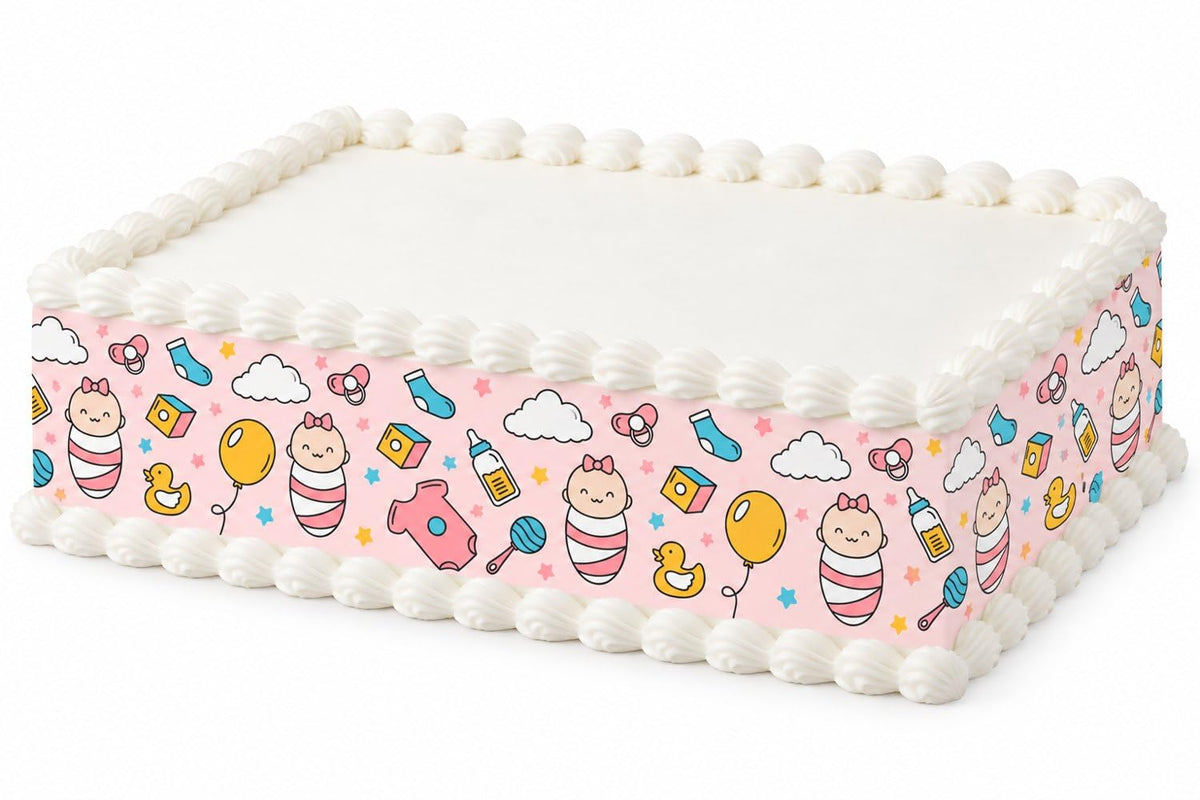 Pink Baby Bottles Balloons and Swaddled Babies Pattern Edible Image Cake Border Strips, by Party Poppin Cake Toppin. (1 Count)