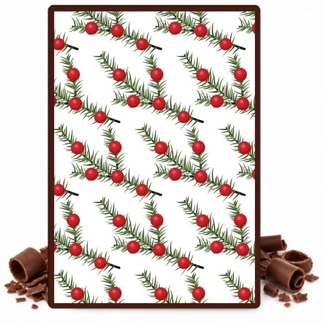 Pine Sprigs and Red Berries Edible Chocolate Transfer Sheet for Chocolate Covered Strawberries and Bark, 1 Count