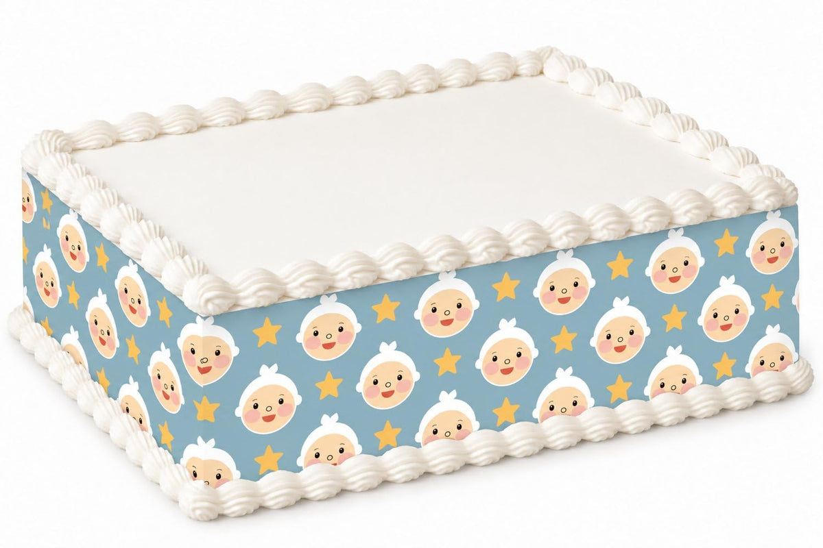 Smiling Baby Faces and Stars on Blue Pattern Edible Image Cake Border Strips, by Party Poppin Cake Toppin. (1 Count)
