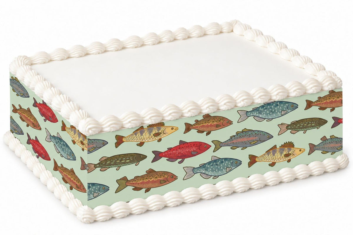 Freshwater Fish on Beige Pattern Edible Image Cake Border Strips, by Party Poppin Cake Toppin. (1 Count)