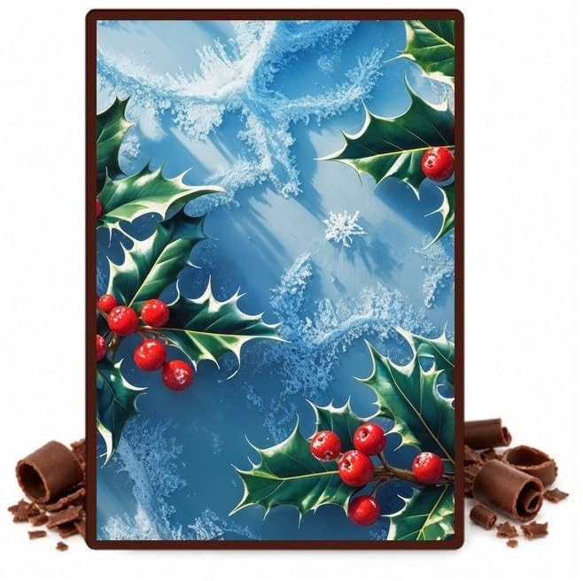 Holly and Red Berries on Icy Blue Edible Chocolate Transfer Sheet for Chocolate Covered Strawberries and Bark, 1 Count