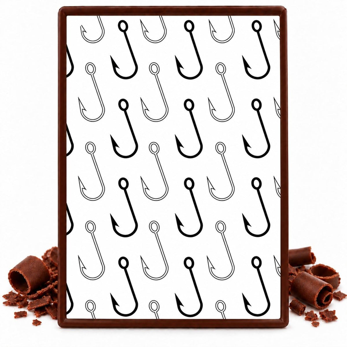 Black Fishing Hooks on White Pattern Edible Chocolate Transfer Sheet, by Party Poppin Cake Toppin. (1 Count)