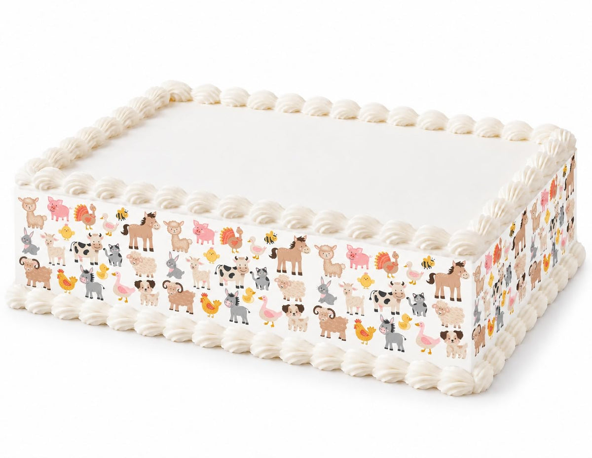 Cute Farm Animals on White Pattern Edible Image Cake Border Strips, by Party Poppin Cake Toppin. (1 Count)