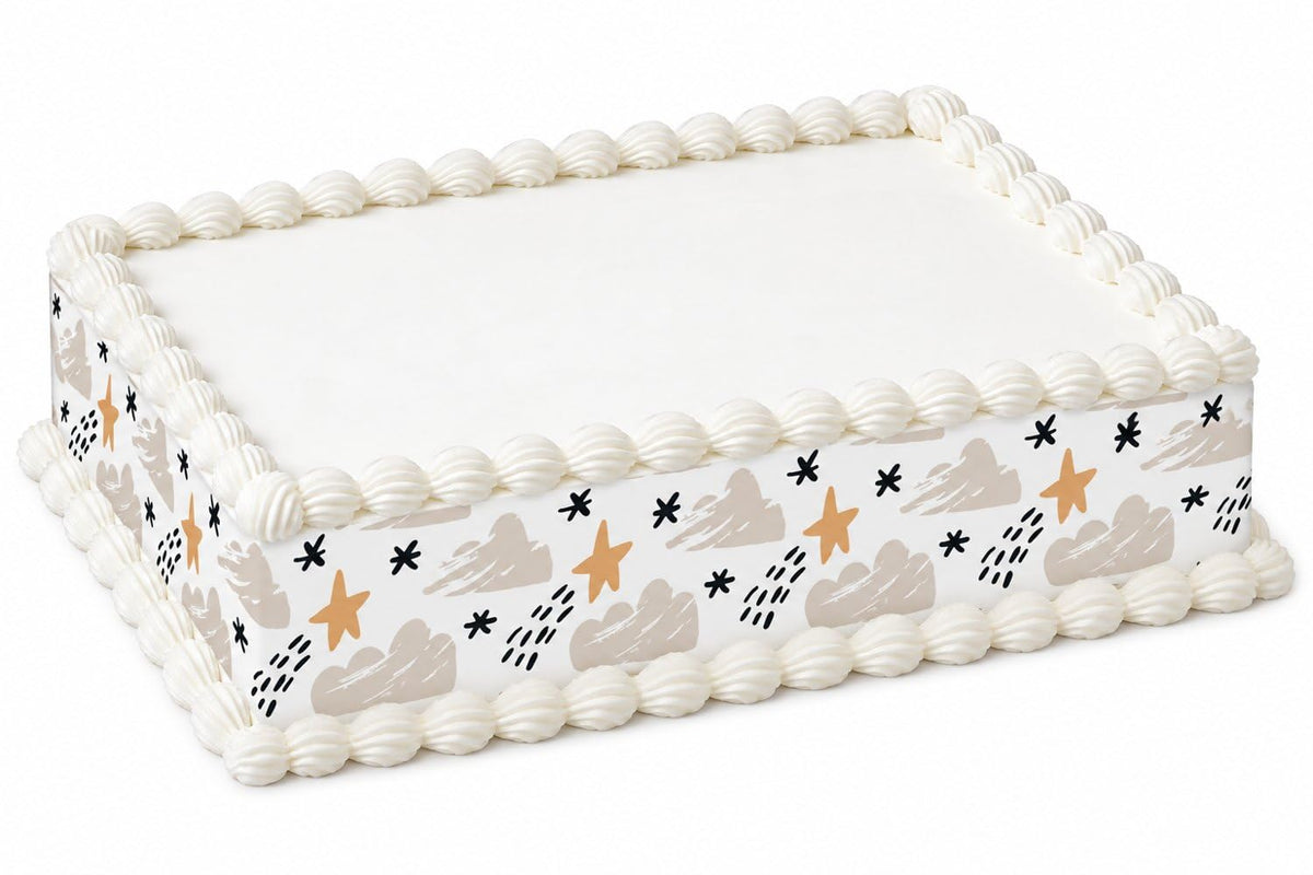Neutral Swans Stars and Doodles Pattern Edible Image Cake Border Strips, by Party Poppin Cake Toppin. (1 Count)