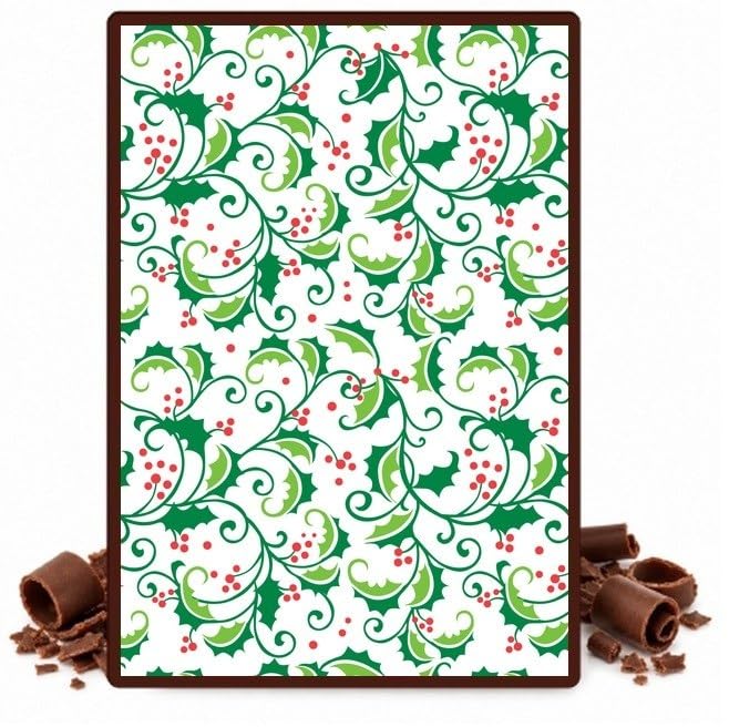 Swirling Green Holly and Red Berries Edible Chocolate Transfer Sheet for Chocolate Covered Strawberries and Bark, 1 Count