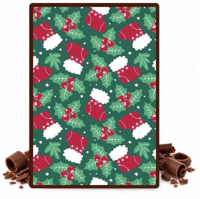 Christmas Stockings and Holly on Green Edible Cocoa Butter Transfer Sheet for Chocolate Treats, 1 Count