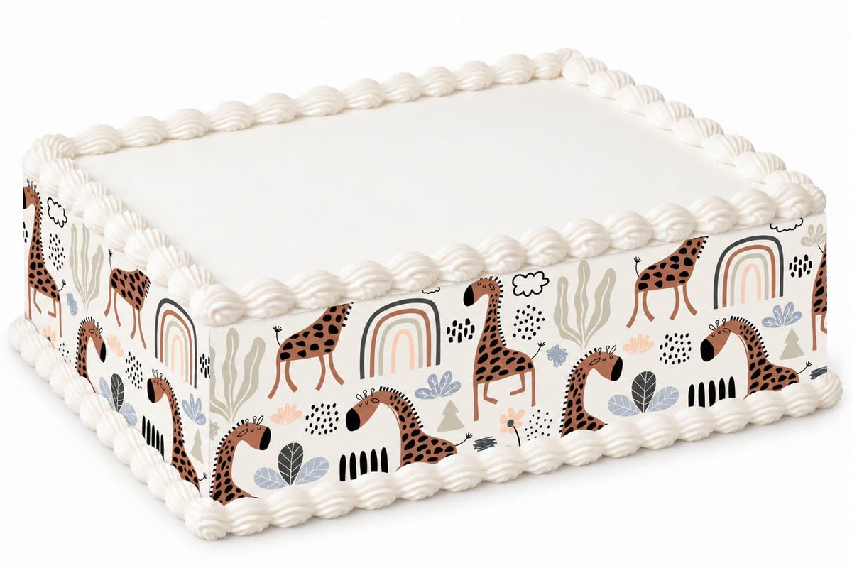 Neutral Giraffes Rainbows and Leaves Pattern Edible Image Cake Border Strips, by Party Poppin Cake Toppin. (1 Count)